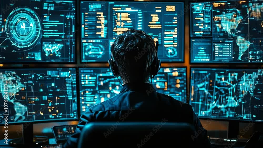 Poster cybersecurity expert monitoring real-time threat indicators with advanced ai technology in high-tech