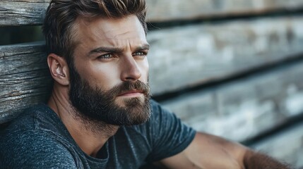 Ruggedly Handsome Man with Stubbled Beard Sitting on Rustic Wooden Bench Embodying Introspection and Calm