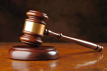 A judge's wooden gavel placed prominently on a surface, symbolizing court and justice 