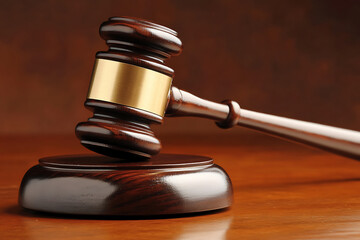 A judge's wooden gavel placed prominently on a surface, symbolizing court and justice 