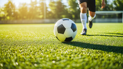 A soccer player practicing dribbling skills on a sunny afternoon at an empty training field near the goalposts