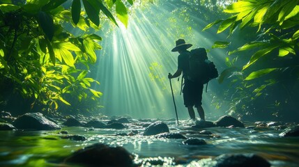 Silhouetted Hiker Crossing a Stream in a Sun-Drenched Jungle
