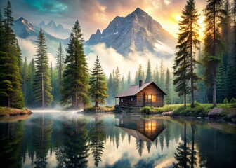 Obraz premium Rustic Retreat: Cozy Cabin Surrounded by Lush Forest and Serene Nature in a Dreamy Double Exposure Photography Style for Ultimate Relaxation and Tranquility