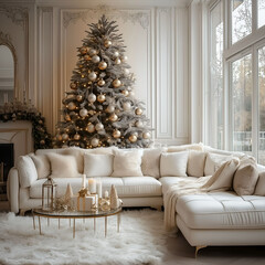 Aesthetic room interior design with Merry Christmas elements. Wall with New Year decoration in the apartment. Holiday tree in the room.