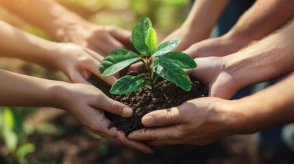Fototapeta premium Group of diverse hands nurturing a young plant in rich soil, symbolizing growth and teamwork in a gardening activity outdoors