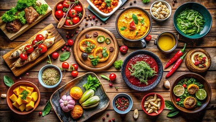 Rustic Wooden Floor with Assorted Gourmet Dishes Isolated on White Background for Food Photography, Showcasing Culinary Delights and Vibrant Ingredients for Stock Imagery