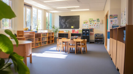 A bright and welcoming classroom with a collaborative workspace, bookshelves, and teaching materials, perfect for engaging students