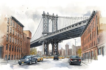 Manhattan Bridge in New York City United States America Famous suspension bridge in NYC USA, it connects Manhattan and Brooklyn by spanning the East River for travel. Image with vintage filter effect
