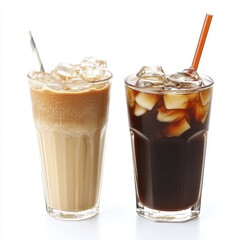 Refreshing iced coffee drinks showcasing a creamy and dark variety in clear glasses with ice and straws.