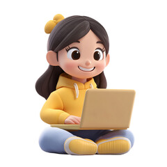 Cute 3D illustration of girl with laptop, sitting and studying online, isolated on transparent background.