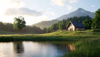 Obraz premium A tranquil cabin nestled by a lake at the foot of a mountain.