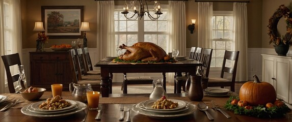 Thanksgiving Feast: A beautifully set table with a roasted turkey, side dishes, and festive decorations awaits a gathering of loved ones.