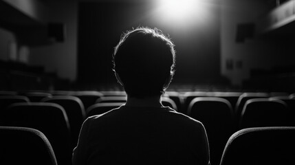 A director prepares to call action as a single viewer sits in a theater waiting, illuminated by the stage light