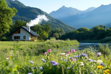 Fototapeta premium A white cottage with smoke rising from the chimney sits by a river in a valley with mountains in the background.