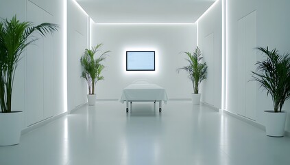 A white, minimalist room with a table and plants. The room is brightly lit and the walls are white. There is a TV on the wall and two large plants in white pots on either side of the table.