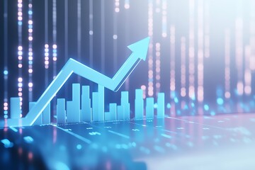Fototapeta premium Rising green arrow over glowing blue arrow growth chart on blue background. A concept of forex symbols. 3d rendering 