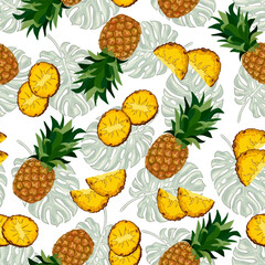 Leaves and pineapples in the pattern.Vector pattern with pineapples on palm leaves.