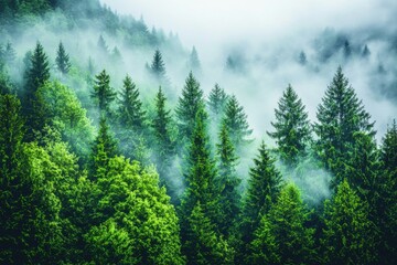 Fototapeta premium Lush forest landscape shrouded in mist, evoking tranquility and natural beauty.