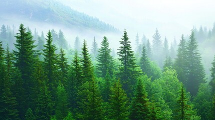 Lush green forest landscape shrouded in mist, evoking tranquility and natural beauty.