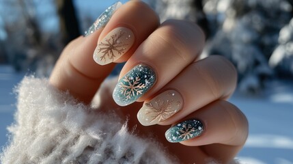 hand with manicured nails featuring a winter-inspired design