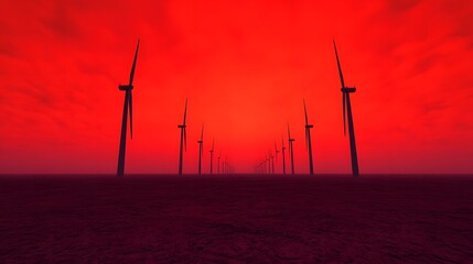 Obraz premium Harnessing renewable energy exploring the impact of wind turbines against a dramatic red sky