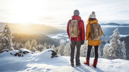 Rear of a Couple hikers with beautiful winter scene.