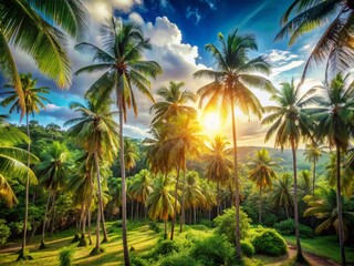 Obraz premium Serene Landscape Featuring Lush Palm Trees Framed by a Dense Forest Under a Clear Blue Sky, Perfect for Nature Lovers and Tropical Scenery Enthusiasts