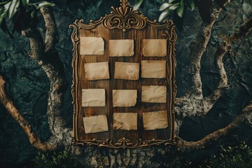 Wooden board with sticky notes and scribbled writing