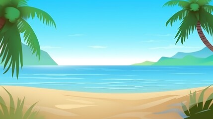 Palm Trees Frame a Tropical Beach Scene with Blue Water and Green Mountains
