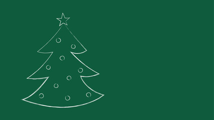 Green blackboard with a Christmas tree hand-drawn with white chalk, decorated with Christmas balls and a star at the top.