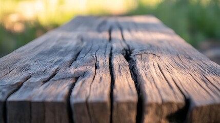 Naklejka premium Close-up of an old wooden bench with visible cracks and texture.