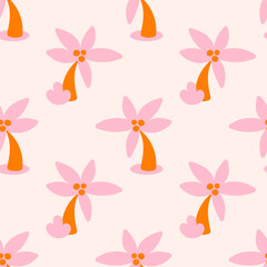 Seamless pattern with palm trees. Cute girly pink naive children's background design for fabric, wrapping paper, textile, wallpaper