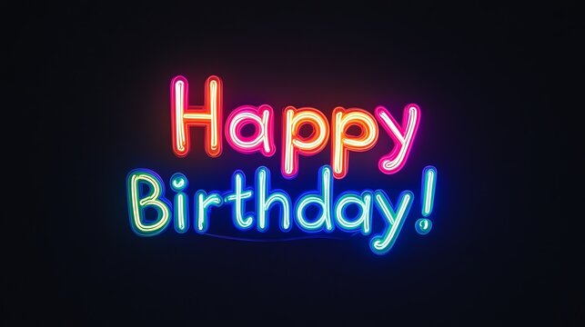 A neon sign with the words "Happy Birthday!" in a colorful rainbow font.