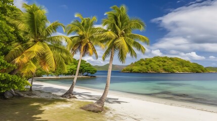 Fototapeta premium Palm Trees on a White Sandy Beach with Turquoise Water and a Lush Green Island in the Distance