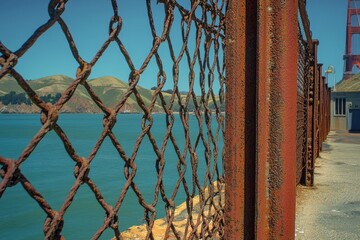 A view of the Golden Gate Bridge through a chain link fence, with the iconic landmark's towers and suspension cables visible