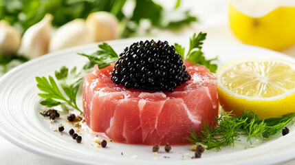 Elegant plate of fresh tuna tartare topped with black caviar, garnished with parsley, dill, and lemon, creating a luxurious seafood presentation.

