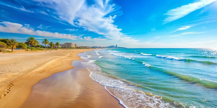 Serene Minimalist Photography of Calafell's Coastal Landscape Showing Tranquil Beaches, Soft Sand Dunes, and Crystal Clear Waters Under a Bright Blue Sky