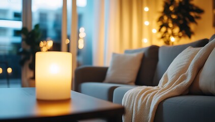 Cozy living room with a lit candle on a coffee table in front of a couch with a throw blanket.