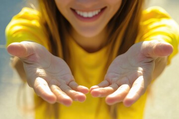 A close-up shot of a woman with her hands extended towards the camera, inviting or seeking something