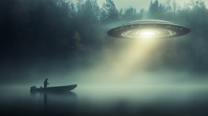 Obraz premium A lone fisherman gazes up as a UFO hovers above a misty lake, casting a beam of light. Evoking mystery
