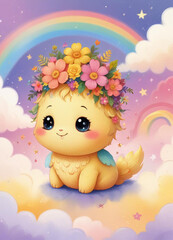 Naklejka premium Chubby yellow creature with flower crown and wings against a dreamy rainbow-filled sky, evoking a sense of wonder and enchantment in a whimsical fantasy world