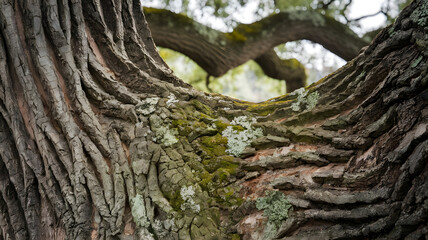 Obraz premium Close-up of rugged oak tree bark texture with deep grooves and natural patterns, perfect for nature backgrounds, organic textures, or rustic design elements. 