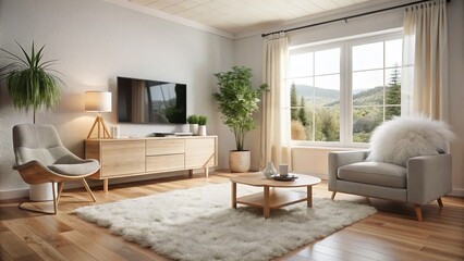 Fototapeta premium Serene Scandinavian Living Room Design with White TV Frame, Cozy Sheepskin Rug, and Light Wood Furniture in a Bright, Inviting Atmosphere Perfect for Relaxation