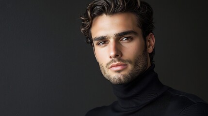 Fototapeta premium Captivating Portrait of a Sophisticated and Intelligent Looking Man in a Simple Black Turtleneck