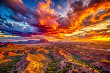 Serene Southwestern Sunset: Captivating Drone Photography Showcasing the Vibrant Hues of Dusk Over Majestic Desert Landscapes with Dramatic Cloud Formations
