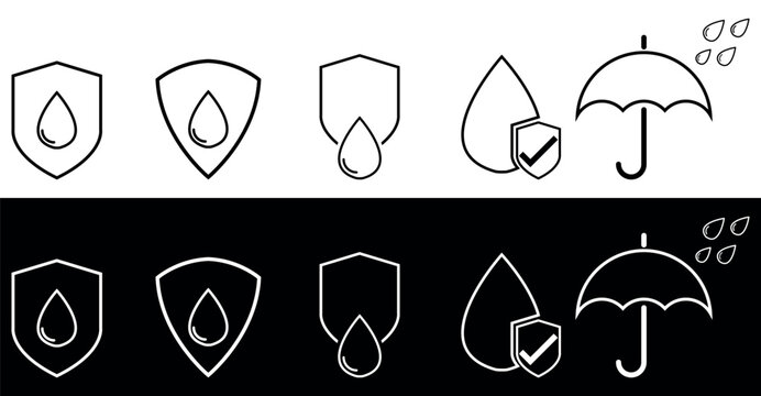 Set of Waterproof icons in different shapes. Shield with water drop. Water resistant signsin outline. Anti wetting material. Vector illustration isolated on black and white background.