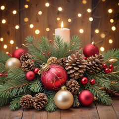 Festive Christmas arrangement with pine branches, ornaments, and pinecones creating a warm holiday ambiance with twinkling lights in the background