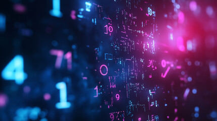 Mathematics equations and symbols flowing across a dark background, illuminated by soft neon light