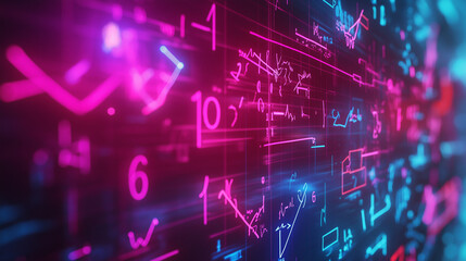 Mathematics equations and symbols flowing across a dark background, illuminated by soft neon light