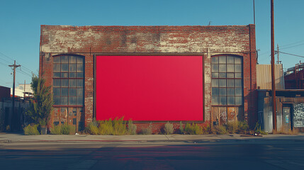 Obraz premium Poster mockup on brick wall. Abandoned building with large red panel and industrial facade.